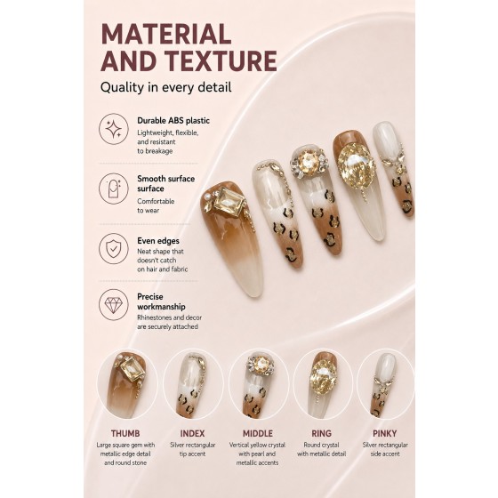 Medium‑Long Almond Press‑On Nails, Coffee Gradient Leopard Print Luxury Gold Rhinestone Fake Nails